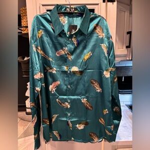 NWT ZEROYAA Teal Feather Print Button-Up Shirt size Large